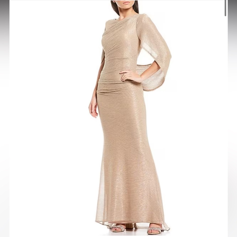 Betsy & Adam Metallic Gold Cape-Sleeve Maxi Gown